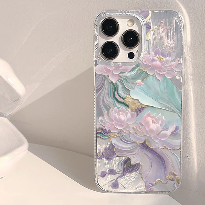 Phone Accessories Aesthetic - 몽환적인 보라색 연꽃 프린트 감성 폰