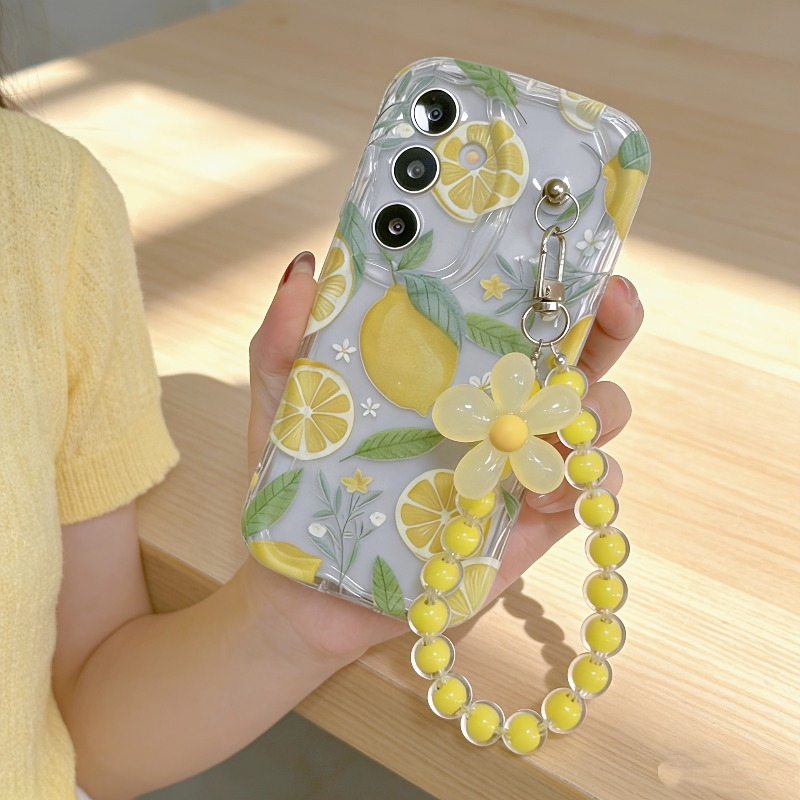 Yellow Phone Accessories - 노란 레몬 꽃 끈 달린 폰
