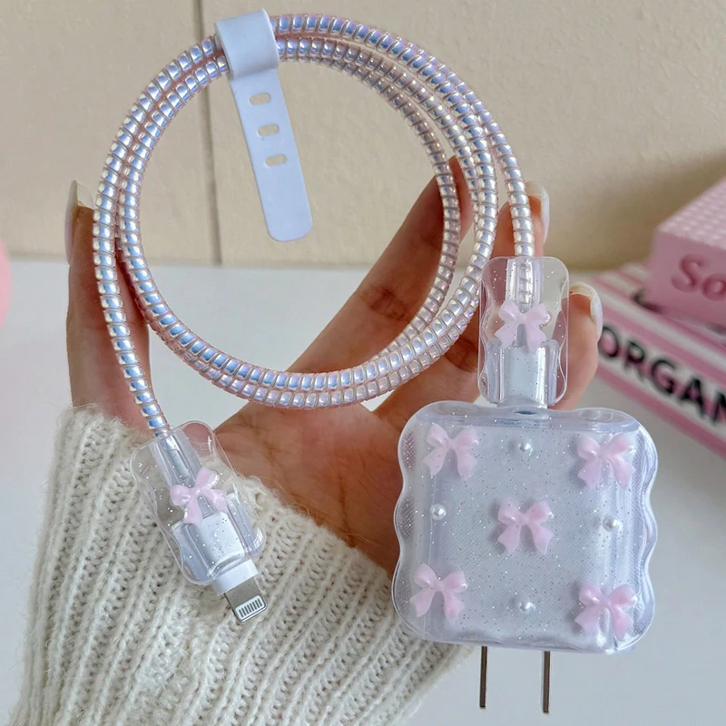 Phone Accessories Aesthetic - 투명 핑크 3D 리본 휴대폰 충전기