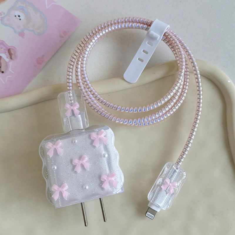 투명 핑크 3D 리본 휴대폰 충전기 보호 케이스 슬리브 - Phone Accessories Aesthetic 리뷰 및 가격