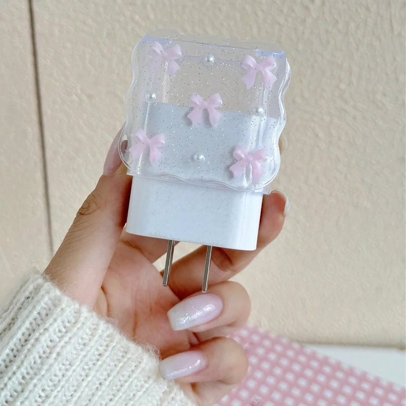 투명 핑크 3D 리본 휴대폰 충전기 보호 케이스 슬리브 - Phone Accessories Aesthetic 리뷰 및 가격