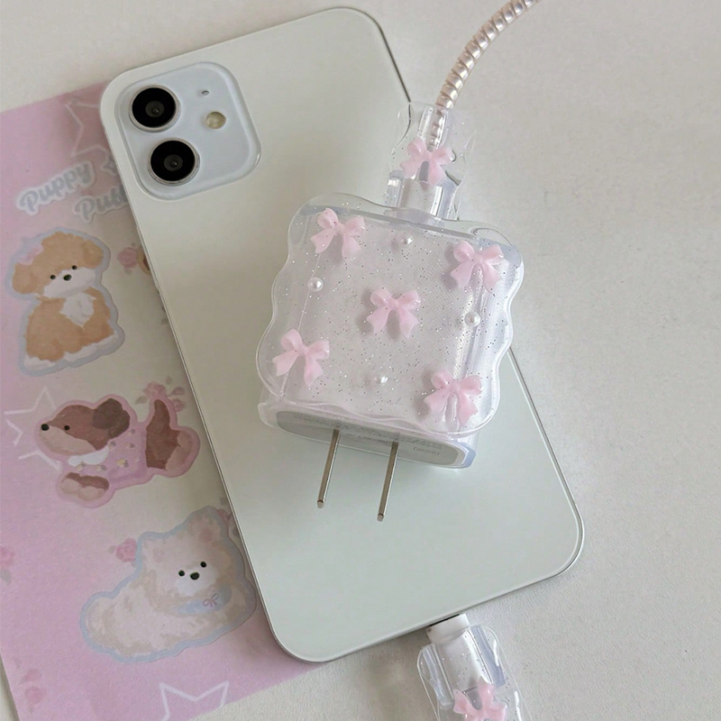 투명 핑크 3D 리본 휴대폰 충전기 보호 케이스 슬리브 - Phone Accessories Aesthetic 리뷰 및 가격