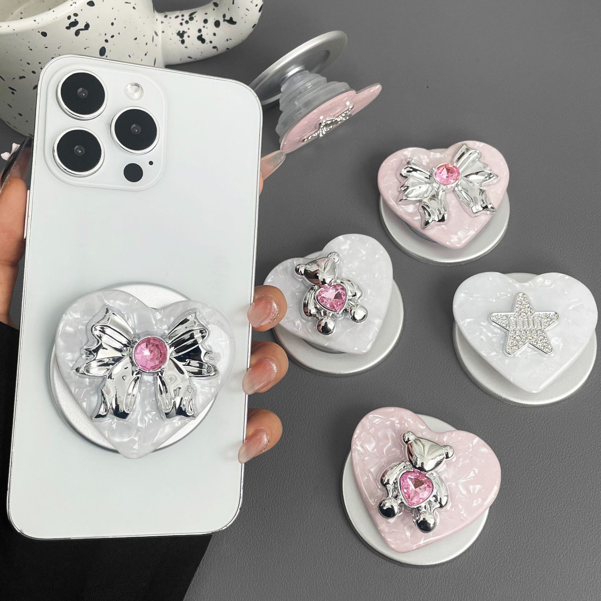 쉬머 쉘 마그네틱 폰 그립 스탠드 우아한 하트 보우 폰 - Phone Accessories Stand 리뷰 및 가격