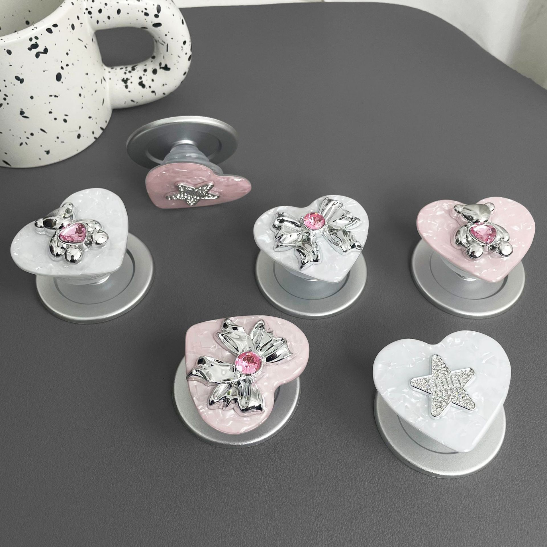 쉬머 쉘 마그네틱 폰 그립 스탠드 우아한 하트 보우 폰 - Phone Accessories Stand 리뷰 및 가격